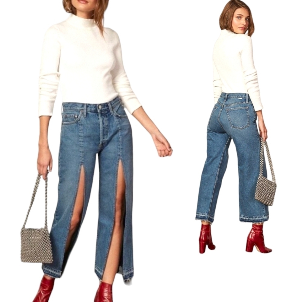 BOYISH Quincy Split Jeans Women High Waist Straight Crop 'The Birds' Size 26 NWT